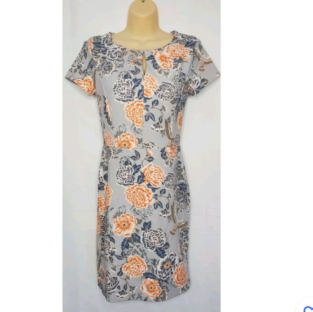 Womens Banana Republic Gray Blue Floral Crane Shealth Lined Stretch Dress Size 0